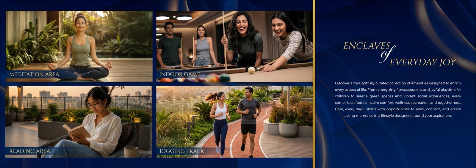 Meditation area, indoor games, reading area & jogging track